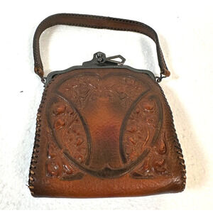 JEMCO Hand Tooled Leather Floral Handbag Purse Brown Vintage *See Description*